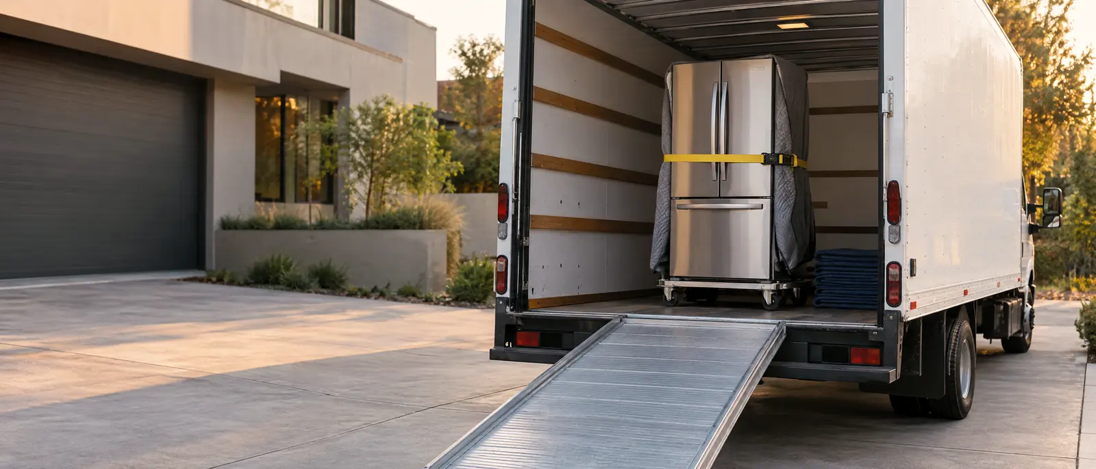 A CARE Logistics box truck at a home with its ramp down and a new stainless steel refrigerator strapped upright on an appliance dolly, ready to be delivered